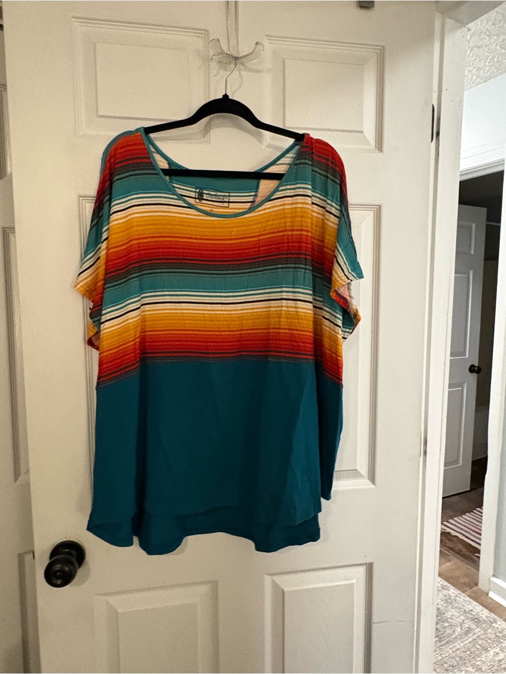 Relaxed Scoop Neck Short Sleeve Top in Teal with Multicolor Stripes